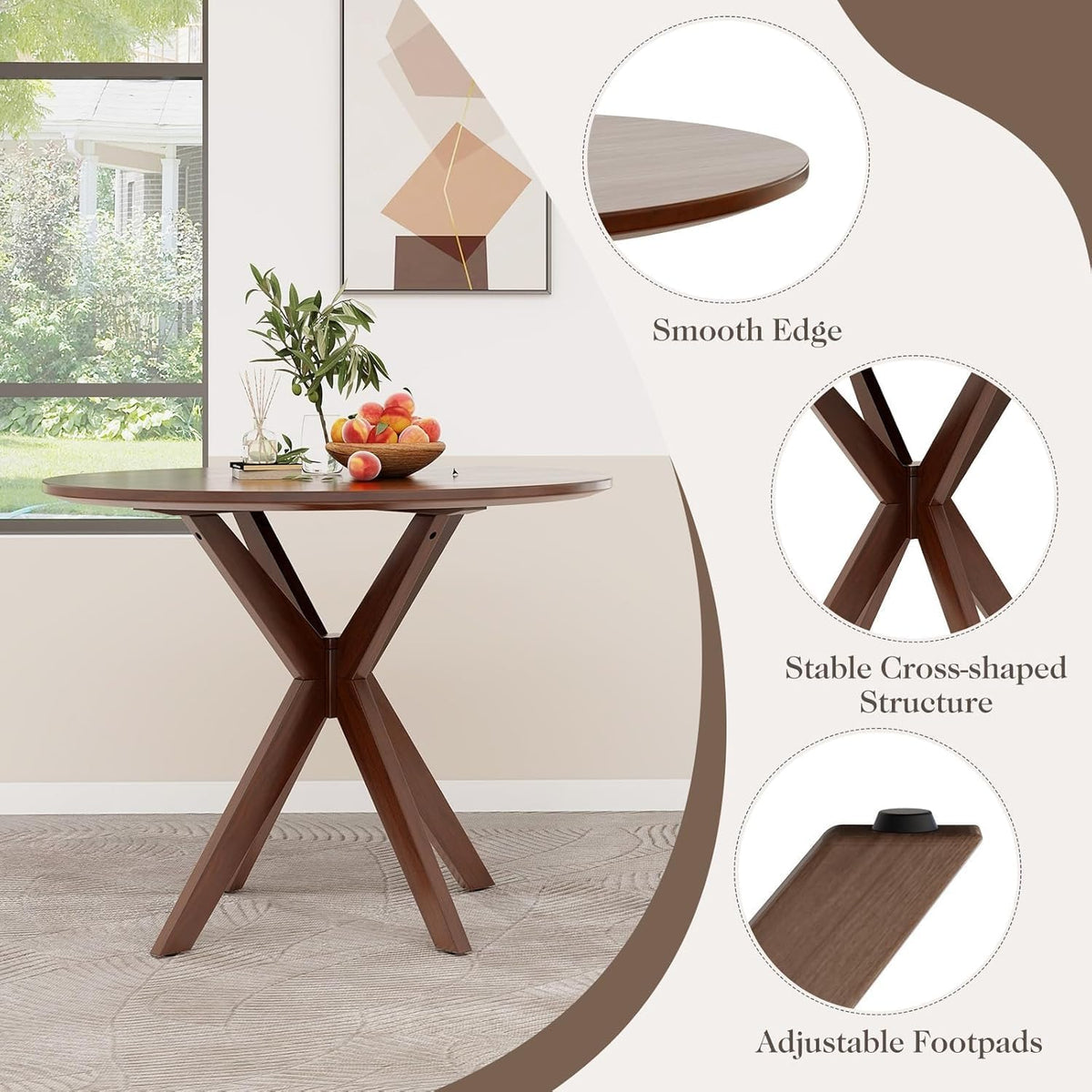 ERGOMASTER 5-Piece Dining Table Set for 4, 36" Kitchen Round Table with 4 Chairs, Rubber Wood Legs, Brown