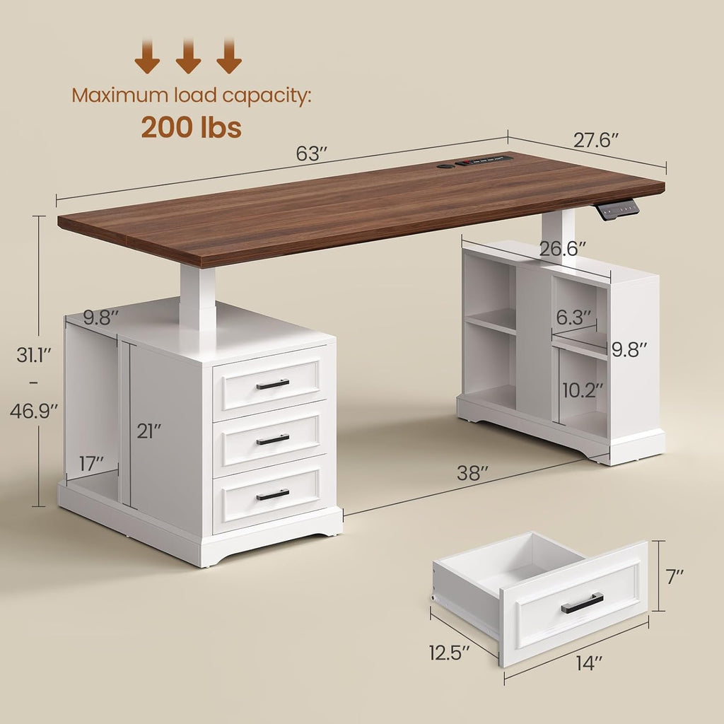 SEDETA Farmhouse Electric Standing Desk, 63" Height Adjustable Computer Desk with 3 Drawers, Storage Shelves, Power Outlets, Wood Home Office Stand up Desk for Work, Study, Writing, White