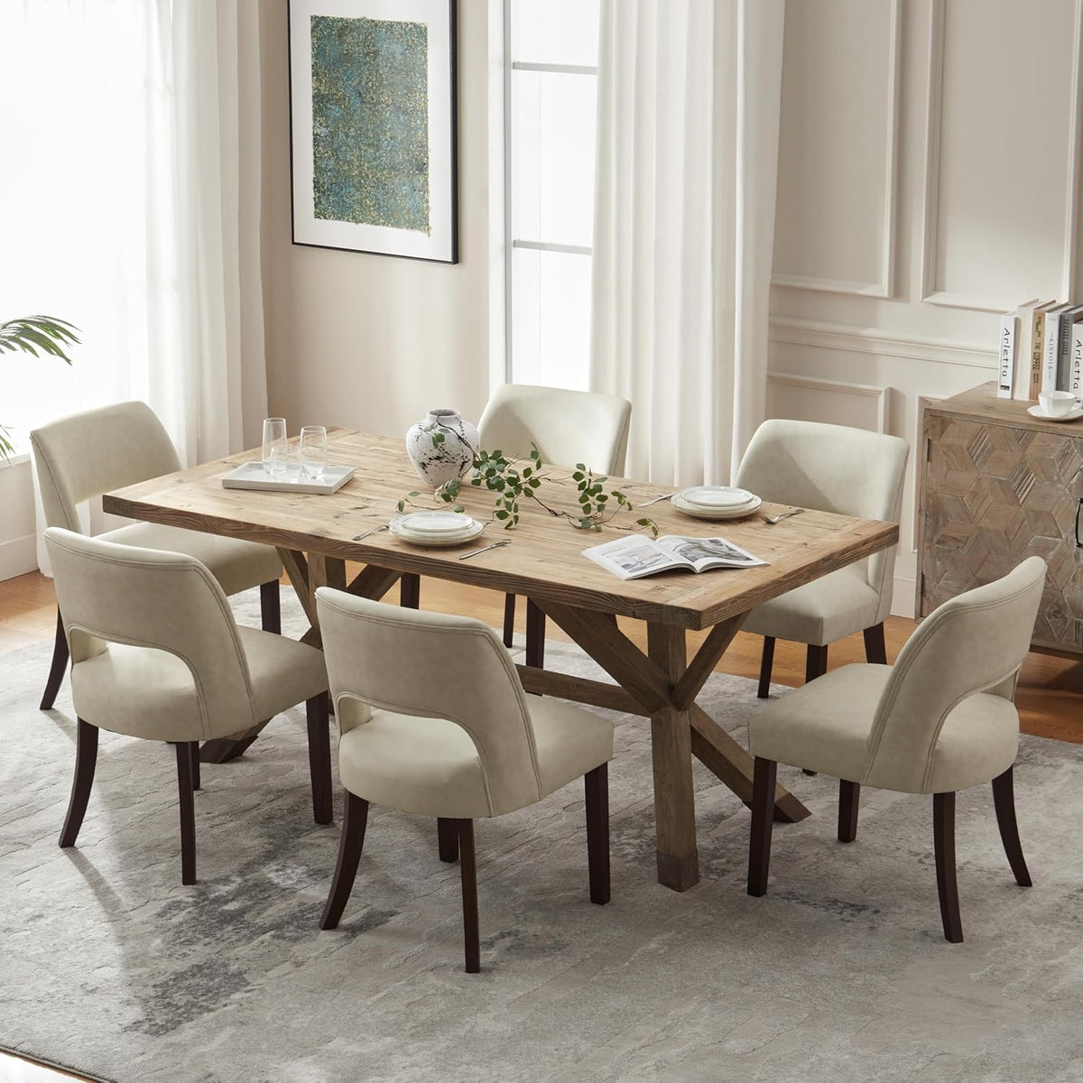 VKNOW Modern Dining Chairs Set of 6, Faux Leather Upholstered Dining Room Chair Kitchen Chairs, Farmhouse Dinner Chair for Kitchen Dining Room, Beige