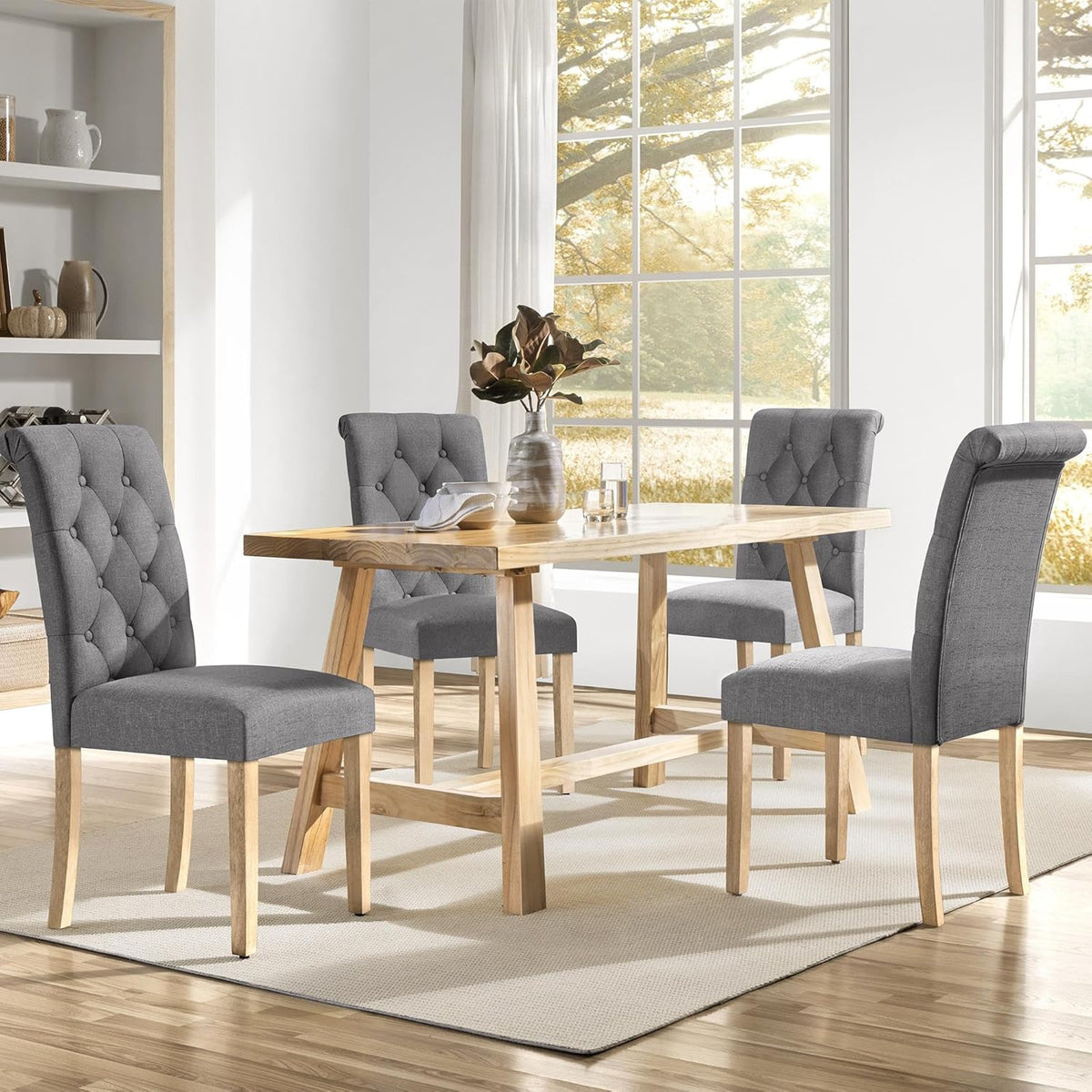 Yaheetech Dining Chairs Set of 4 Fabric Upholstered Button Tufted Kitchen Chairs with Solid Wood Legs for Home, Restaurant, Dining Room, Dark Gray