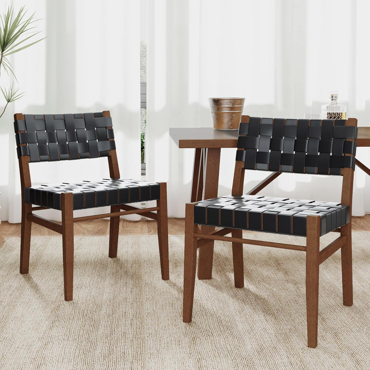 Christopher Knight Home Set of 2 Indoor Rubberwood Frame Armless Dining Chairs, Seating and Backrest with Rope Weave by PU/Faux Leather, for Dining Room Kitchen, Restaurant, Party, Walnut and Black