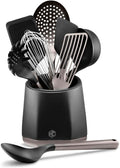 HexClad 9-Piece Kitchen Utensil Set, 9 Stainless Steel & Silicone Tools with a Fingerprint-Resistant Metallic Finish, Heat-Resistant to 450°F, Dishwasher-Safe, Includes Non-Slip Ceramic Crock Holder