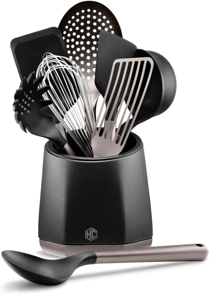 HexClad 9-Piece Kitchen Utensil Set, 9 Stainless Steel & Silicone Tools with a Fingerprint-Resistant Metallic Finish, Heat-Resistant to 450°F, Dishwasher-Safe, Includes Non-Slip Ceramic Crock Holder