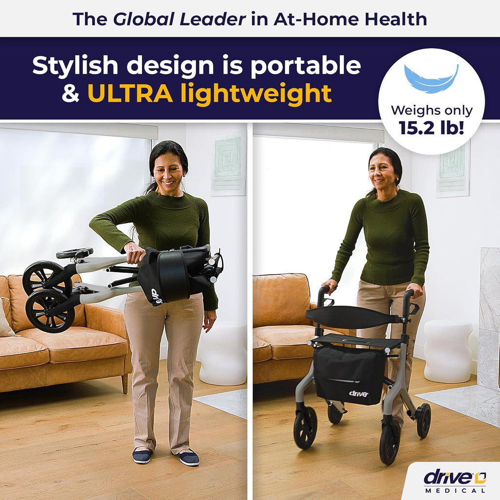 Drive Medical AeroWalk Ultra-Lite Rollator with Seat, Lightweight Adult Walkers with 4 Wheels, Folding Rolling Walker for Women, Men and Seniors, 15.2 Pounds, 23 Inch Seat Height, Grey