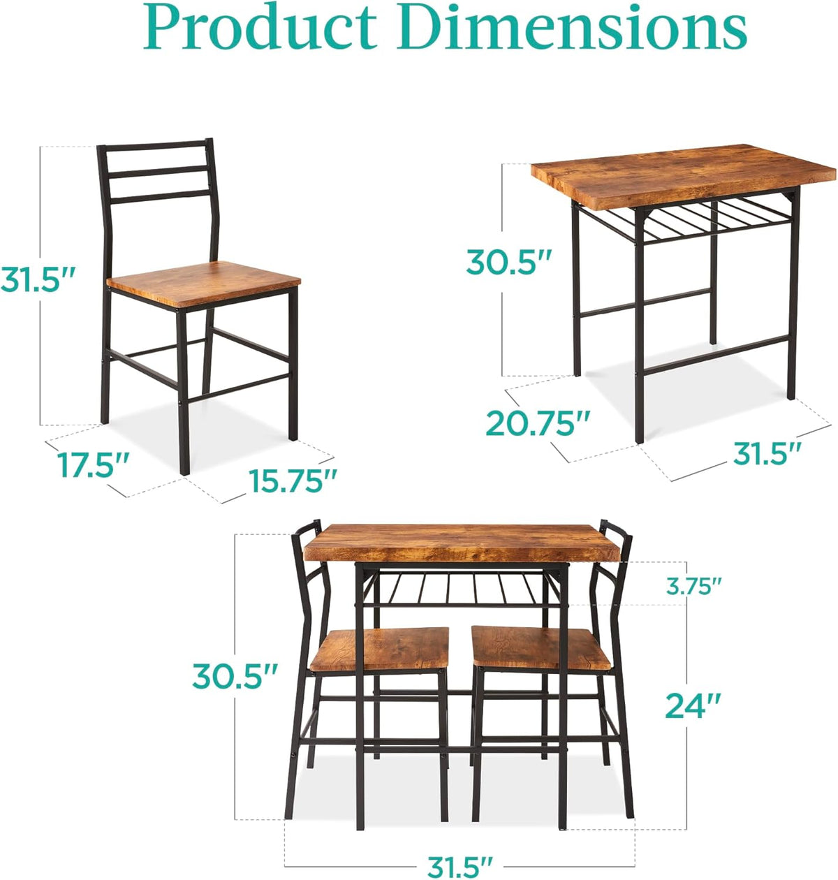 Best Choice Products 3-Piece Modern Dining Set, Space Saving Dinette for Kitchen, Dining Room, Small Space w/Steel Frame, Built-in Storage Rack - Medium Brown/Black
