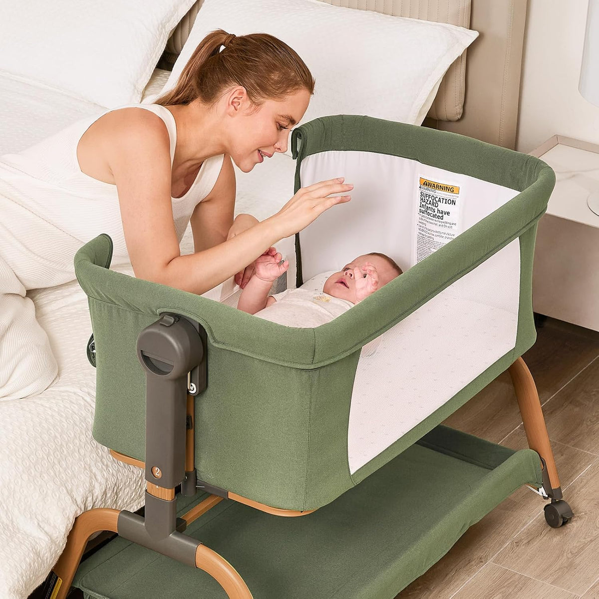 ANGELBLISS 3 in 1 Baby Bassinet, Rocking Bassinets Bedside Sleeper with Comfy Mattress and Wheels, 6 Height Adjustable Easy Folding Portable Bedside Crib for Newborn Infant (Green)