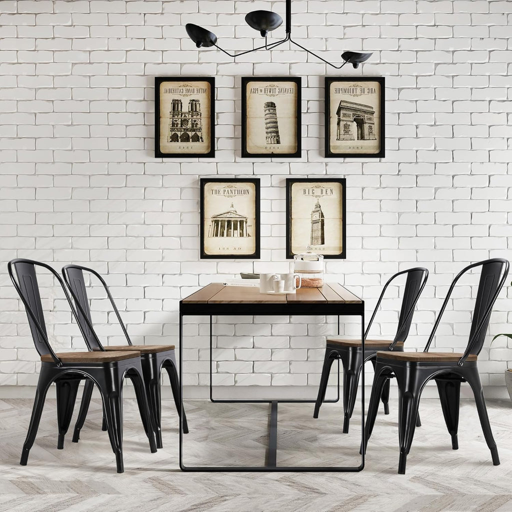 Yaheetech Metal Dining Chairs Set of 4, Industrial Stackable Kitchen Chairs with Wood Top Seat for Dining Room/Restaurant/Bistro/Patio, Indoor & Outdoor Use, Black