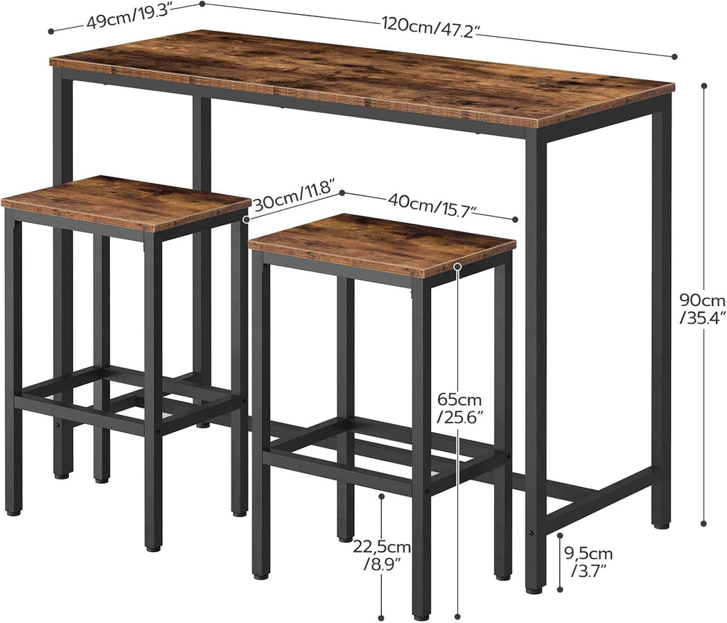 HOOBRO Bar Table and Chairs Set, 47.2” Rectangular Pub Table with 2 Stools for Small Space, High Top Table, 3-Piece Breakfast stools Set, Sturdy Metal Frame, Easy to Assemble, Rustic Brown BF52BT01