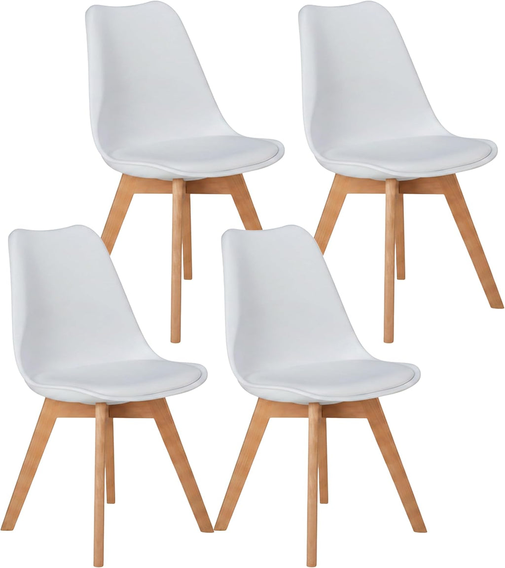 Simple Deluxe Set of 4 Mid-Century Modern Dining Chairs, PU Leather Upholstered Seat with Solid Wood Legs, Versatile for Kitchen Living Room Bedroom & Indoor Lounge Use, White