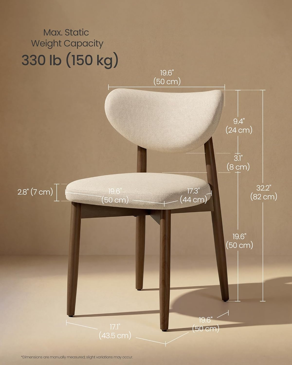 VASAGLE Wooden Dining Chairs Set of 2, Upholstered Kitchen Chairs with Solid Wood Legs, Ergonomic Curved Backrest, Built-in Handle, Mid Century Modern, for Kitchen Dining Vanity, Cappuccino Beige