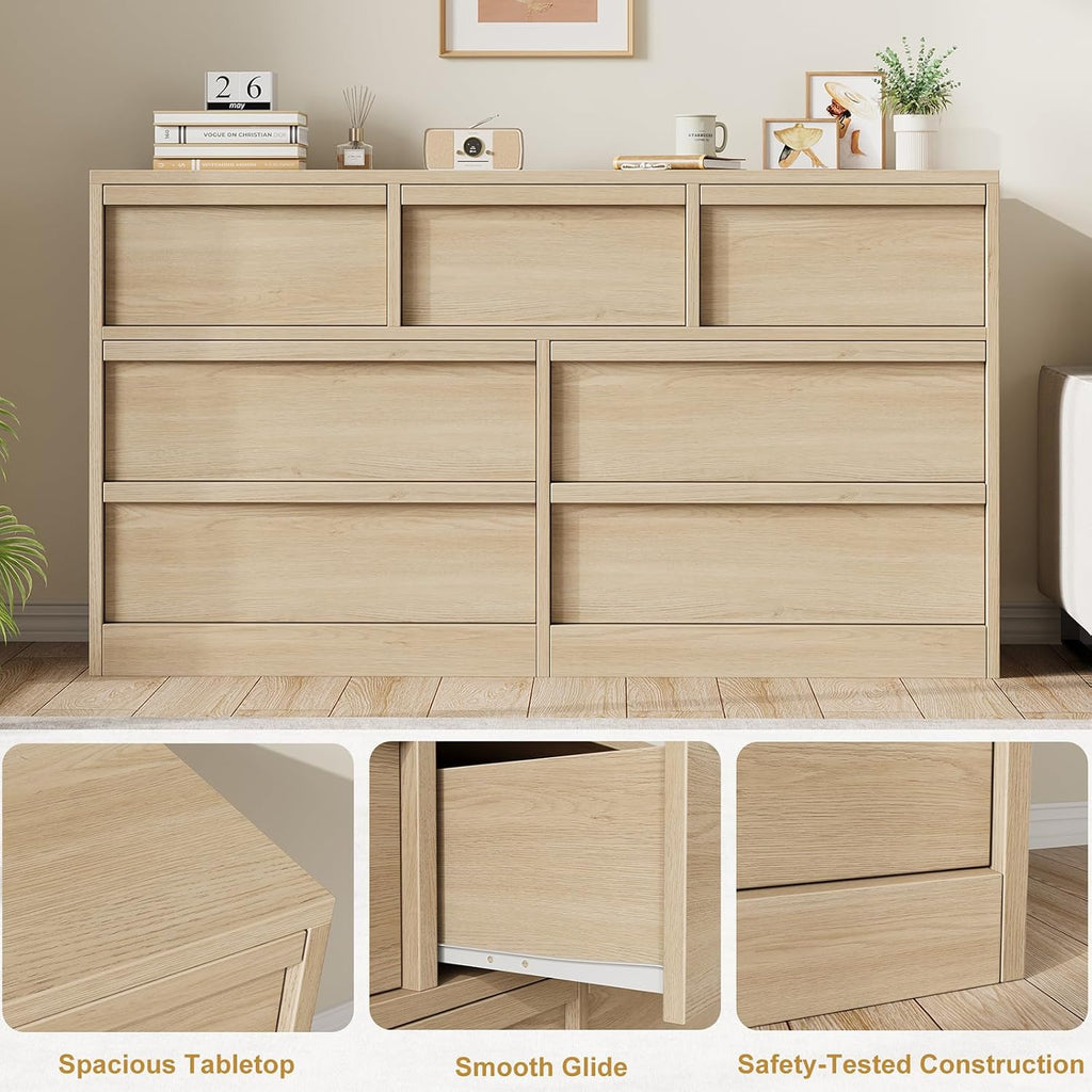 GarveeHome 7 Drawer Dresser for Bedroom, 54in Wide Natural Oak 7 Chest of Drawers with Large Storage, Wooden Dresser Organizer for Living Room, Nursery, Entryway