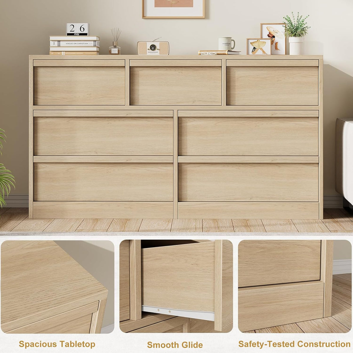 GarveeHome 7 Drawer Dresser for Bedroom, 54in Wide Natural Oak 7 Chest of Drawers with Large Storage, Wooden Dresser Organizer for Living Room, Nursery, Entryway