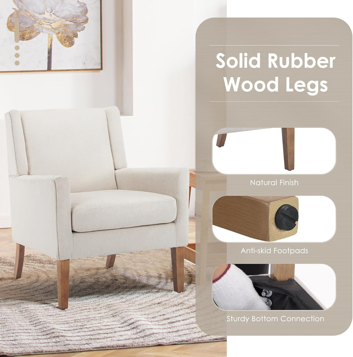 COLAMY Modern Wingback Living Room Chair, Upholstered Fabric Accent Armchair, Single Sofa Chair with Lounge Seat and Wood Legs for Office/Bedroom/Reading Spaces, Beige