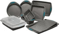 Rachael Ray Nonstick Bakeware Set with Grips includes Nonstick Bread / Baking Pans, Cookie / Baking Sheet and Cake Pans - 10 Piece, Gray with marine blue grips