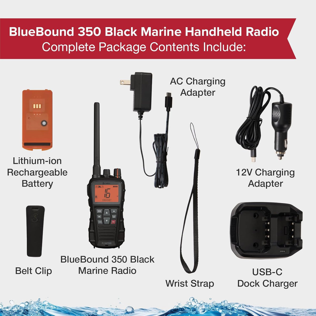 Cobra BlueBound 350 VHF Handheld Marine Radio – Black – 6-Watt, Floating, Long Range, NOAA Weather Alerts, International Functionality, IPX7 Waterproof, USB-C, Submersible, LCD Screen, Belt Clip