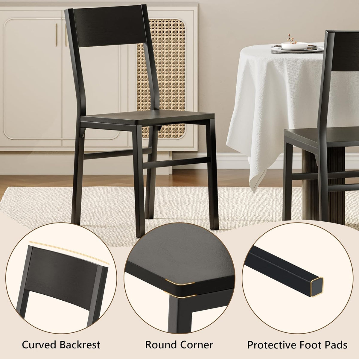 Feonase Dining Chairs and Benches Set of 4, Modern Dining Room Chairs with Ergonomic Backrest, Wood Structure & Metal Legs, for Kitchen, Dining Room, Space-Saving, Easy to Assemble & Clean, Black