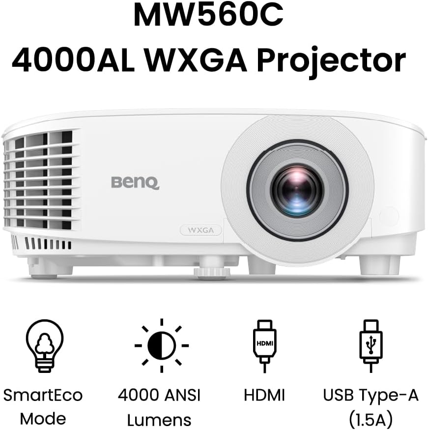 BenQ WXGA Business Projector (MW560C) - DLP - 4,000 Lumens High Brightness - 20,000:1 High Contrast Ratio - HDMI, VGA - Auto Keystone Correction - Simple Setup - SmartEco Technology