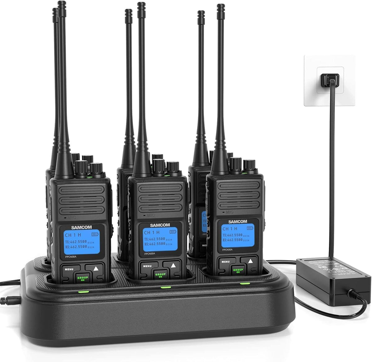 SAMCOM FPCN30A Radios Walkie Talkies Long Range Business Commercial Professional UHF 2 Way Radios Two-Way Radio(6 Pack) with 6 Way Multi Gang Charger & Earpieces