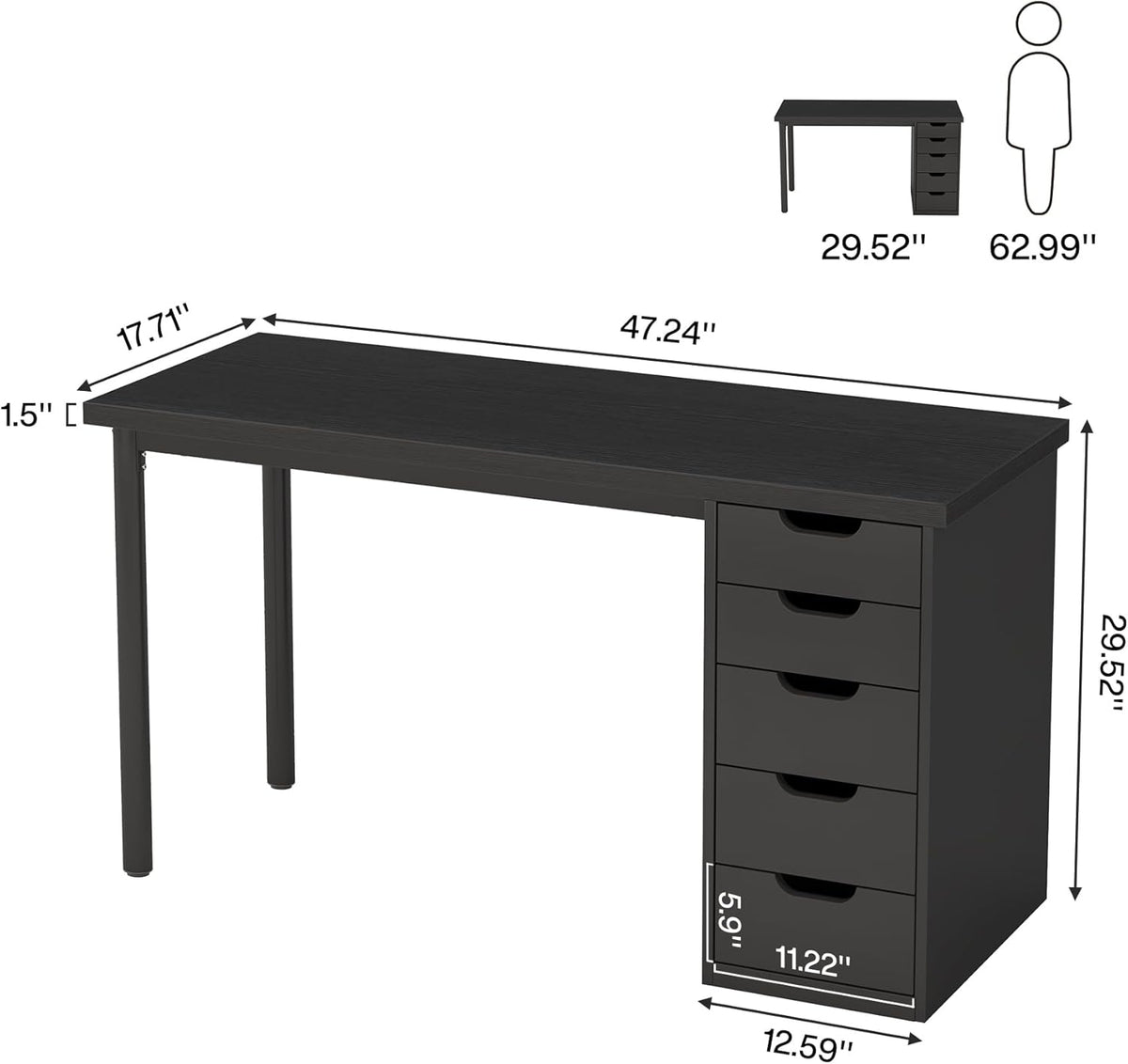 Tribesigns Computer Desk with 5 Drawers, 47 inches Rustic Brown Home Office Desk with Storage, Modern Simple Laptop Desk Study Writing Table for Small Spaces (1, Black)