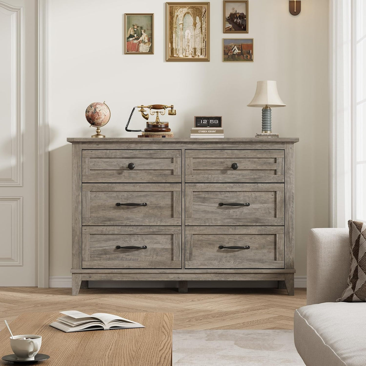 GarveeHome 6 Dresser for Bedroom, 47 in Wide Drawer Dresser with Storage Freestanding, Wooden Closet Storage Chest for Living Room, Bedroom, Entryway, Ash Grey