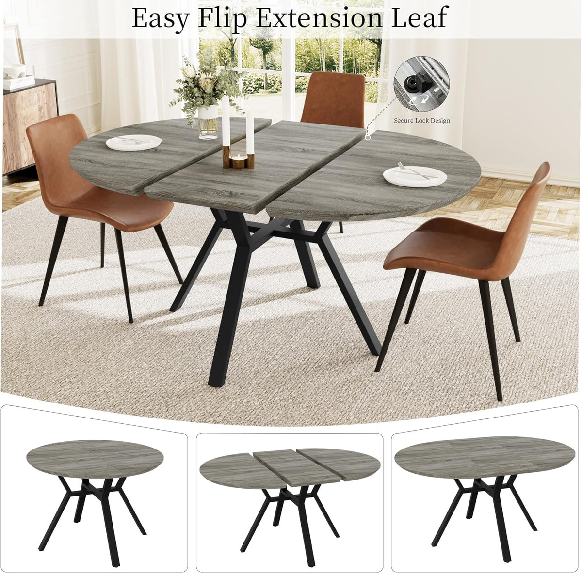 HIPIHOM Extendable Round Dining Table Set for 6 People, 43.3"-59.1" Extendable Kitchen Table with 6 Upholstered Chairs, Space Saving for Kitchen Dining Room (Grey Table+6 Brown Chairs)