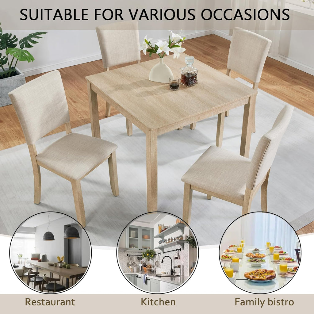 Harper & Bright Designs Modern 5-Piece Wooden Dining Table Set for 4 - Small Space 34.5" Square Kitchen Table & Upholstered Seats Chairs,Compact Apartment Dining Set,Light Oak + Beige