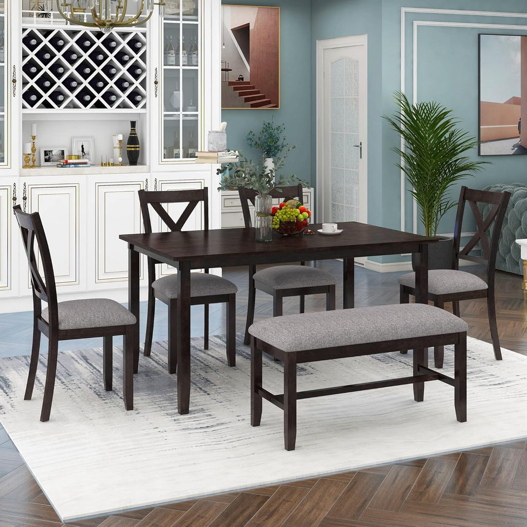 Merax 6 Piece Kitchen Dining Table Set, Wood Rectangular Table and 4 Dining Chairs with Cushions and 1 Bench with Cushion, Kitchen Dining Room Table Set for 6 (Espresso)