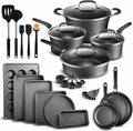 Pots and Pans Set, 23-Piece Non Stick Cookware & Bakeware Sets with Plaid Pattern, Stackable Design, Dishwasher Safe, Stain-resistant, Oven & All-Stove Safe, Tempered Glass Lid, Black