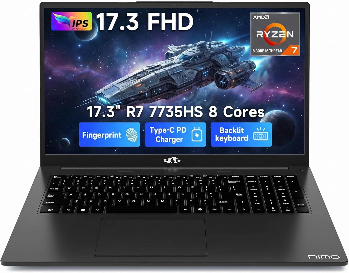 NIMO 17.3" Gaming Laptop, AMD Ryzen 7 7735HS (8C/16T, Up to 4.75GHz), 16GB DDR5 RAM, 256GB PCIe 4.0 SSD, 100W PD Fast Charging, FHD Display, Backlit KB, Fingerprint, SD Card Reader, Windows 11