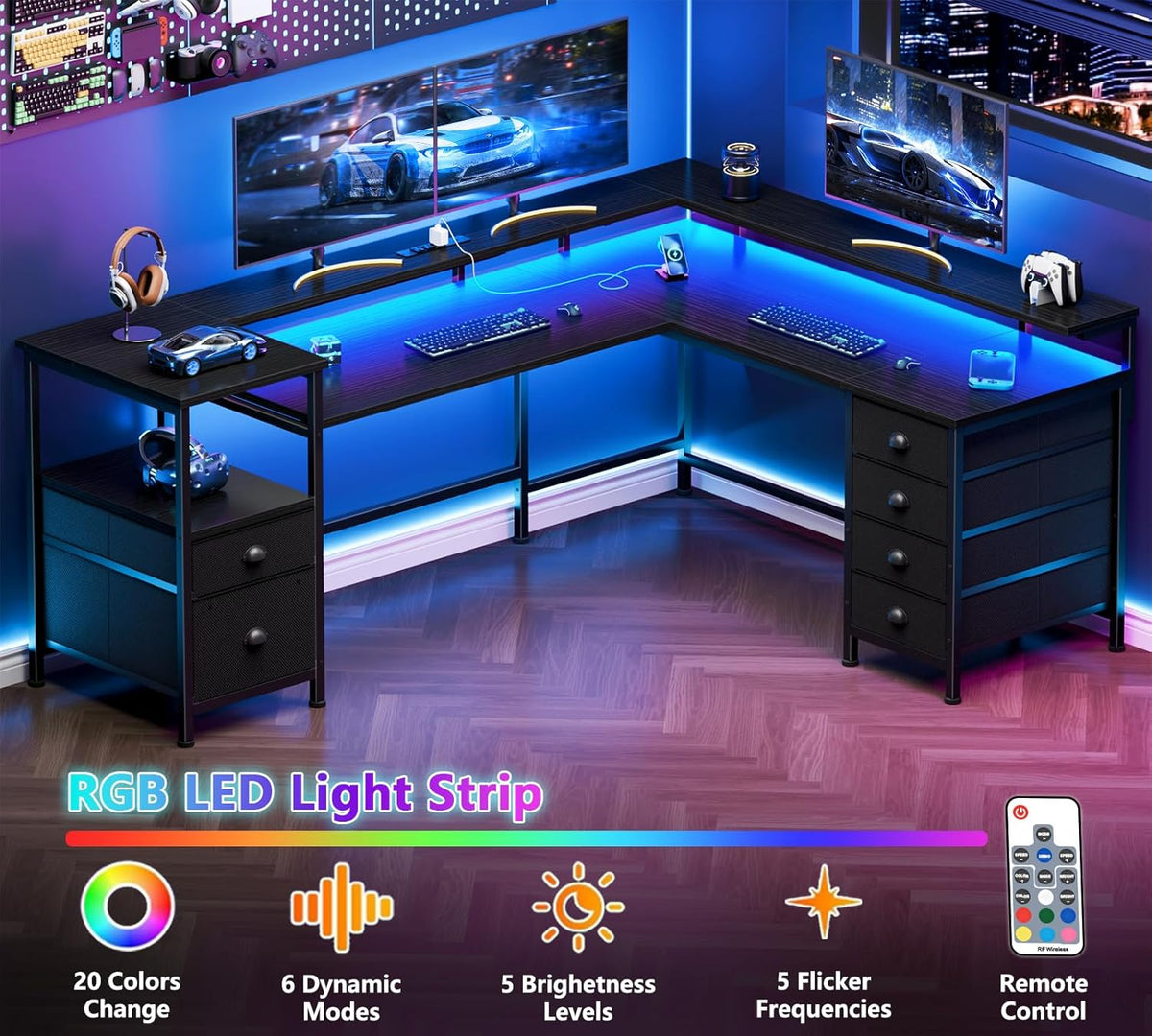Furologee 66" Reversible L Shaped Gaming Desk with 6 Drawers & Printer Storage Shelves, Corner Computer Desk with Power Outlets & LED Lights, Home Office Table with Monitor Stand, Black