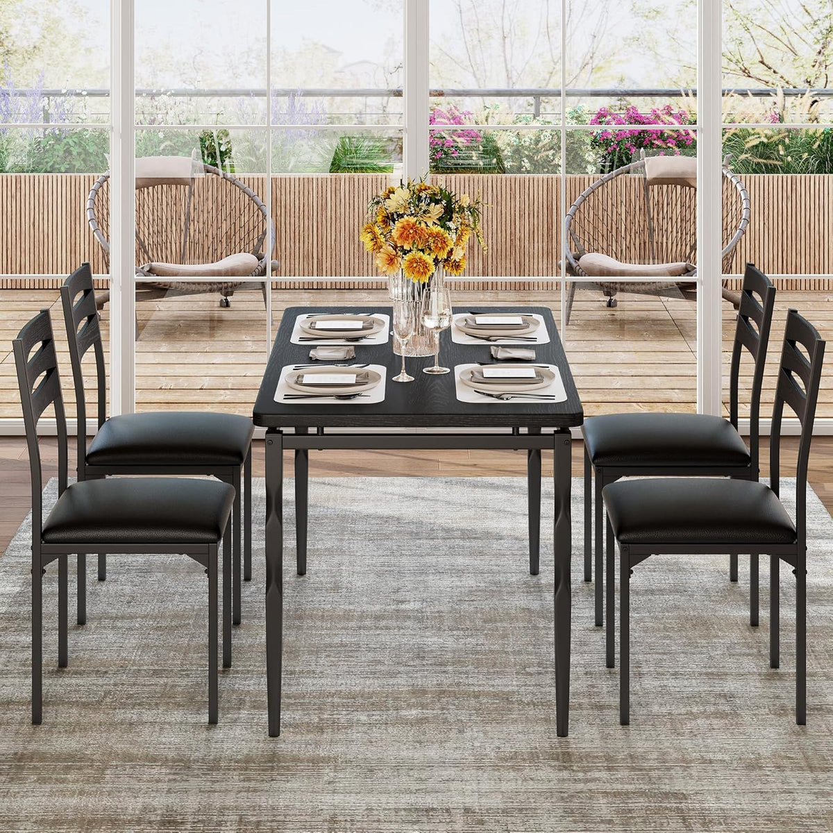GarveeHome 5 Piece Dining Table Set, Industrial Style Dining Table and Chairs Set for 4, Kitchen Table Set for Dining Room Kitchen Apartment, Black