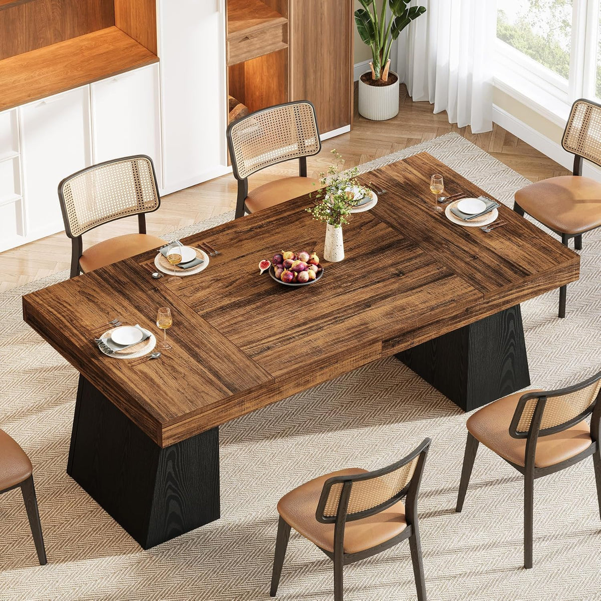 Tribesigns Two Tone Dining Table for 4-6 People, Rectangular Farmhouse Kitchen Dinner Table with Double Pedestal, Wood Dining Room Furniture for Home, Dining Room, Small Space, Brown & Black