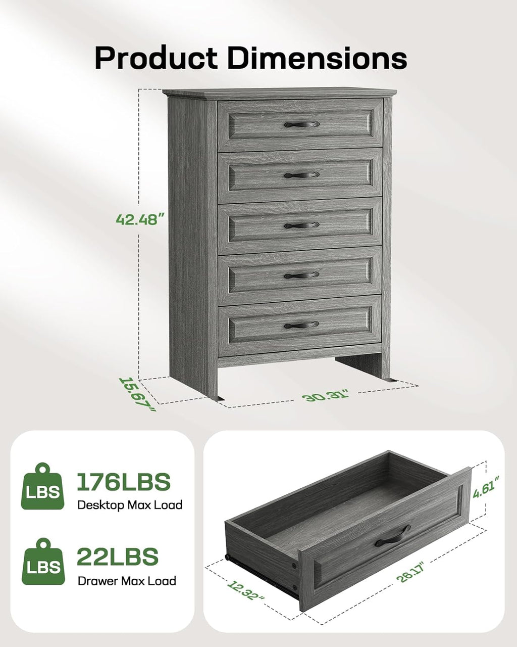 Marsail Farmhouse 5 Drawer Dresser, Wood Chest of Drawers with Natural Texture, Smooth Gliding Drawers, Versatile Storage Organizer Cabinet for Bedroom & Living Room, Grey