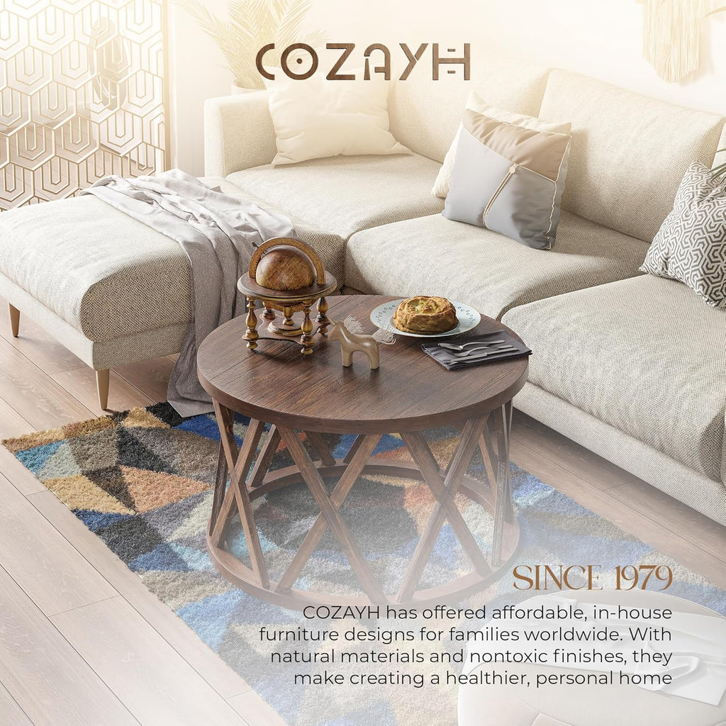 COZAYH Rustic Farmhouse Coffee Table, Round Coffee Table with X-Motifs Legs, Wood Textured Top, for Boho, French Country Decor, Brown