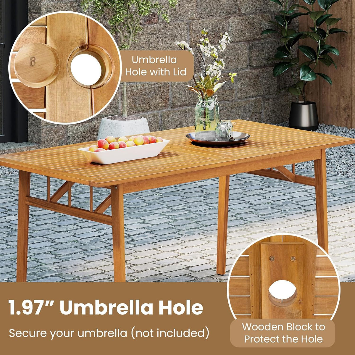 Tangkula 7 Pieces Patio Acacia Wood Dining Set, Outdoor Heavy Duty Rectangular Table with 1.97” Umbrella Hole and 6 Cushioned Chairs, for Deck, Garden and Backyard