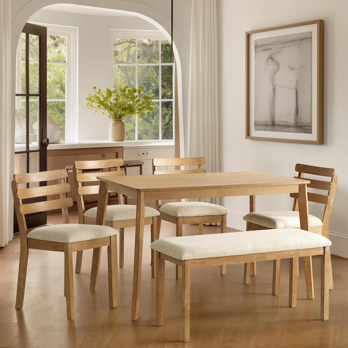 SIMTONAL 6 Piece Dining Table Set with Bench, Wooden Rectangular Kitchen Table and 4 Upholstered Chairs, Farmhouse Dining Room Furniture for Family Meals, Light Oak Finish