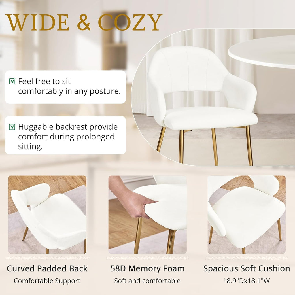 VECELO Velvet Dining Chairs Set of 4, Modern Upholstered Kitchen Chairs with Cushion, Padded Backrest and Metal Legs, White