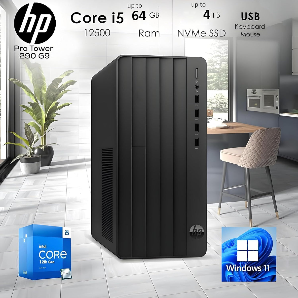 HP Desktop Computers Tower PC for Home & Business, Intel i5-12500 CPU (12Threads, up to 4.6 GHz), 8GB RAM, 256GB PCIe SSD, UHD Graphics 770, WiFi, Bluetooth, HDMI, KB & Mouse, Windows 11 Home