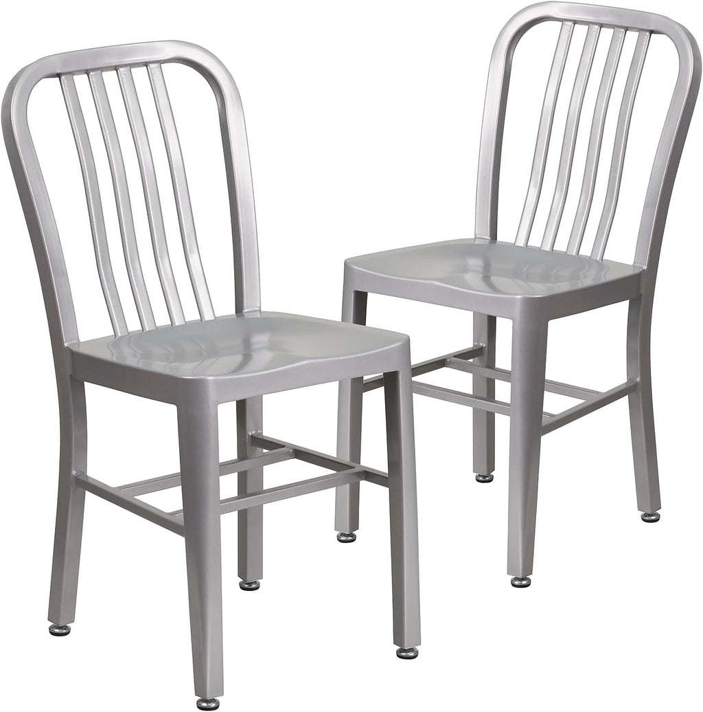 Flash Furniture Gael Indoor/Outdoor Modern Metal Dining Chairs, Commercial-Grade Galvanized Steel Restaurant Chairs, Set of 2, Silver