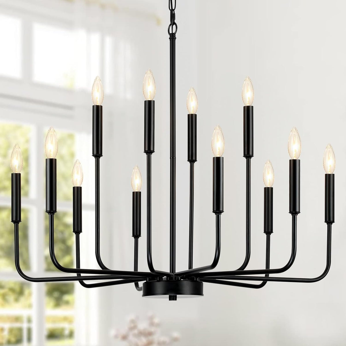 Black Chandeliers for Dining Room Light Fixture Over Table, Modern Farmhouse Chandeliers for Living Room,12-Lights Industrial Metal Candle Lighting Fixtures for Entryway Kitchen Island Foyer