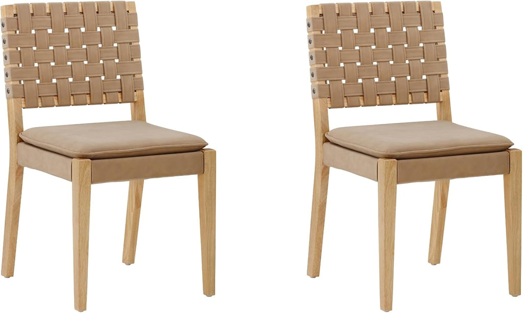 Nathan James Cohen Wood Dining Chair, Mid-Century Modern Upholstered Side Chair with Hand Woven Faux Leather Backrest, Natural Brown, Set of 2
