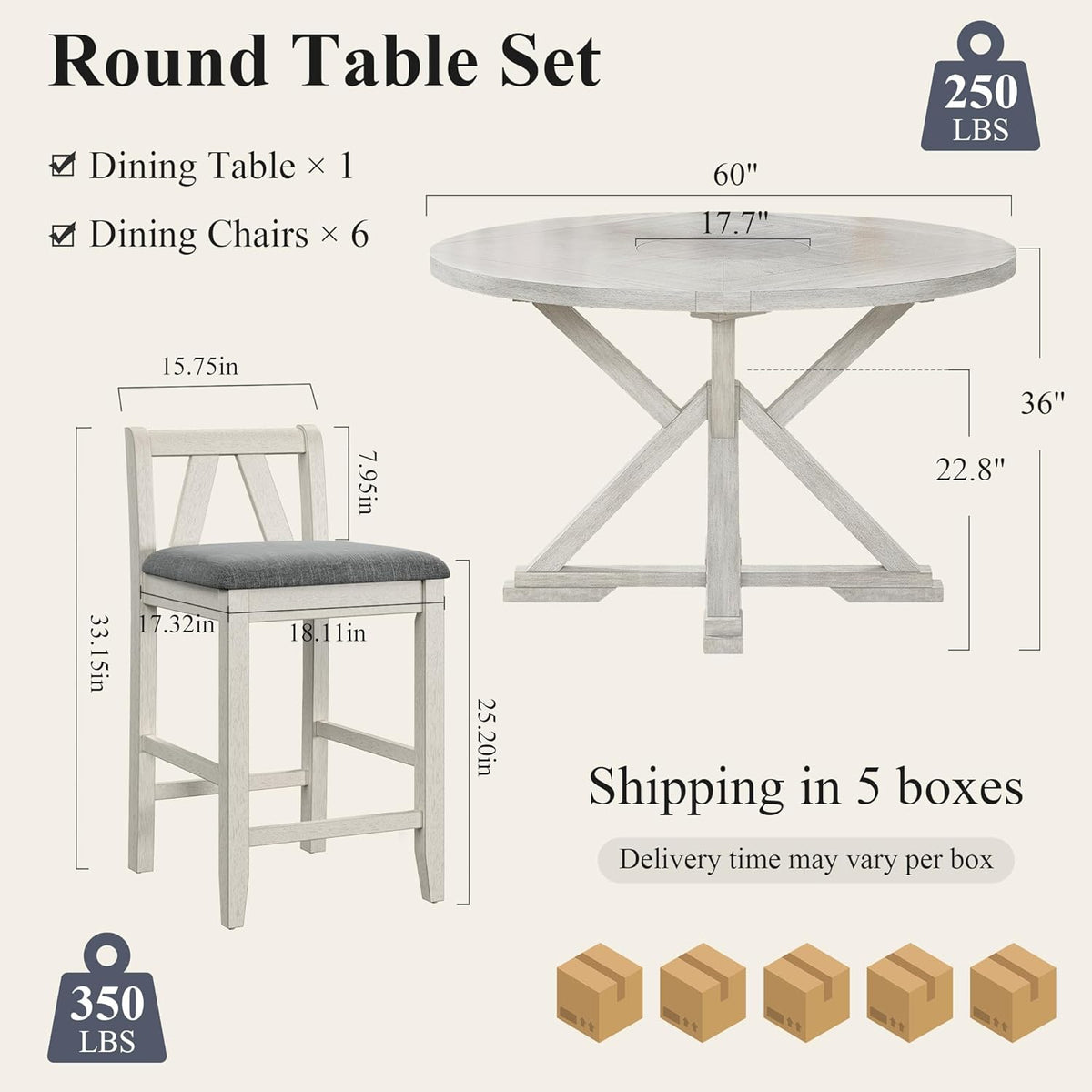 VECELO 7-Piece Solid Wood Foldable Dining Table Set for 6, Farmhouse Round Dining Table with 6 Upholstered Dining Chairs for Dining Room, Kitchen, Washed Gray