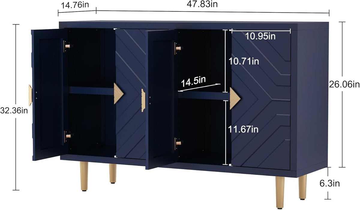 HLR 48" Accent Cabinet with 4 Doors and Shelves, Modern Sideboard Buffet Cabinet with Decorative Embossed Pattern Doors, Credenza Storage Cabinet for Living Room, Kitchen, Dining Room, Hallway