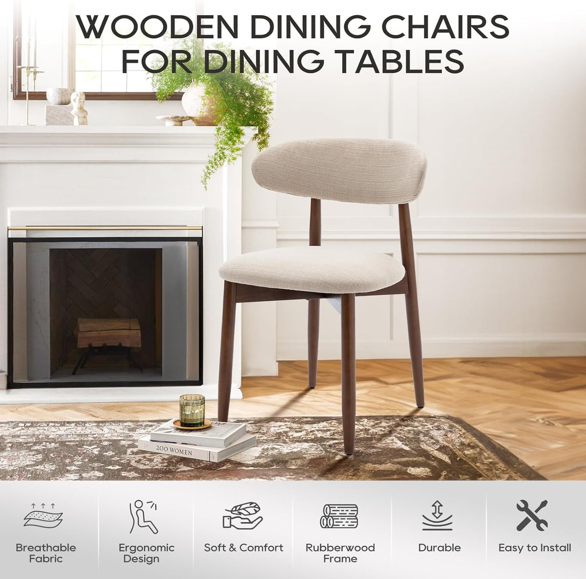 COLAMY Wooden Dining Chairs Set of 6, Modern Upholstered Fabric Dining Room Chair, Farmhouse Kitchen Side Chairs with Foot Pegs, Beige