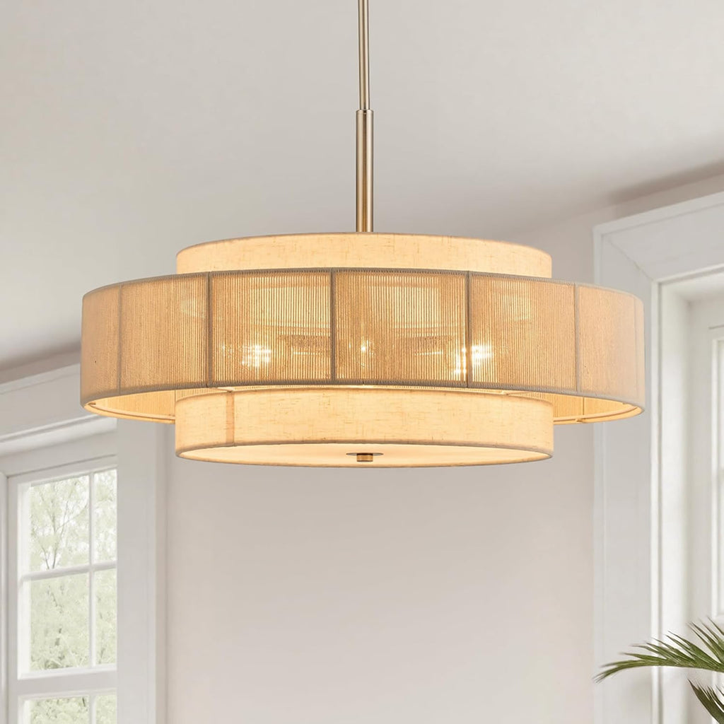 VONLUCE 23.6" Boho Rattan Chandelier, 6-Light Drum Chandelier with 3-Tier Woven Lampshade, Rattan Ceiling Light for Dining Room Bedroom Living Room with E26 Sockets, Nickel Finish, ETL Certified