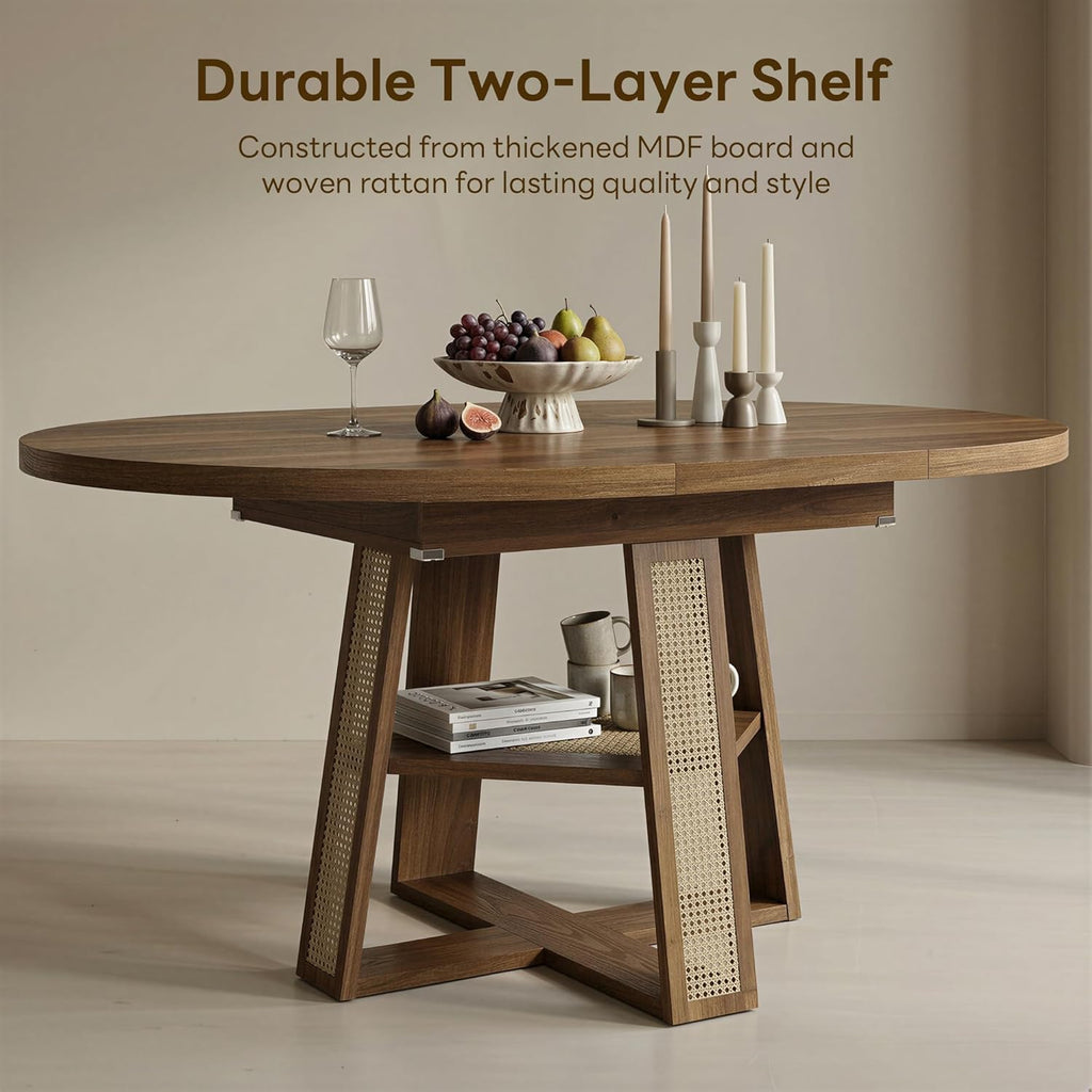 LIKIMIO 43"-59" Extendable Round Dining Table for 4-8, Oval Dining Room Table with Removable Leaves Space Saving, Wood Base Kitchen Table with Storage Shelf for Living Room, Walnut