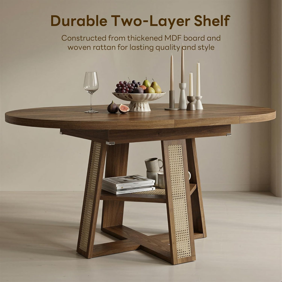 LIKIMIO 43"-59" Extendable Round Dining Table for 4-8, Oval Dining Room Table with Removable Leaves Space Saving, Wood Base Kitchen Table with Storage Shelf for Living Room, Walnut