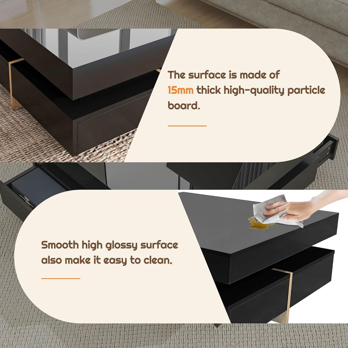 Merax Coffee Table, Modern High Gloss Coffee Table with 4 Drawers, Multi-Storage Square Center Cocktail Table with Wood Grain Legs for Living Room, 31.5"x 31.5" (Black)