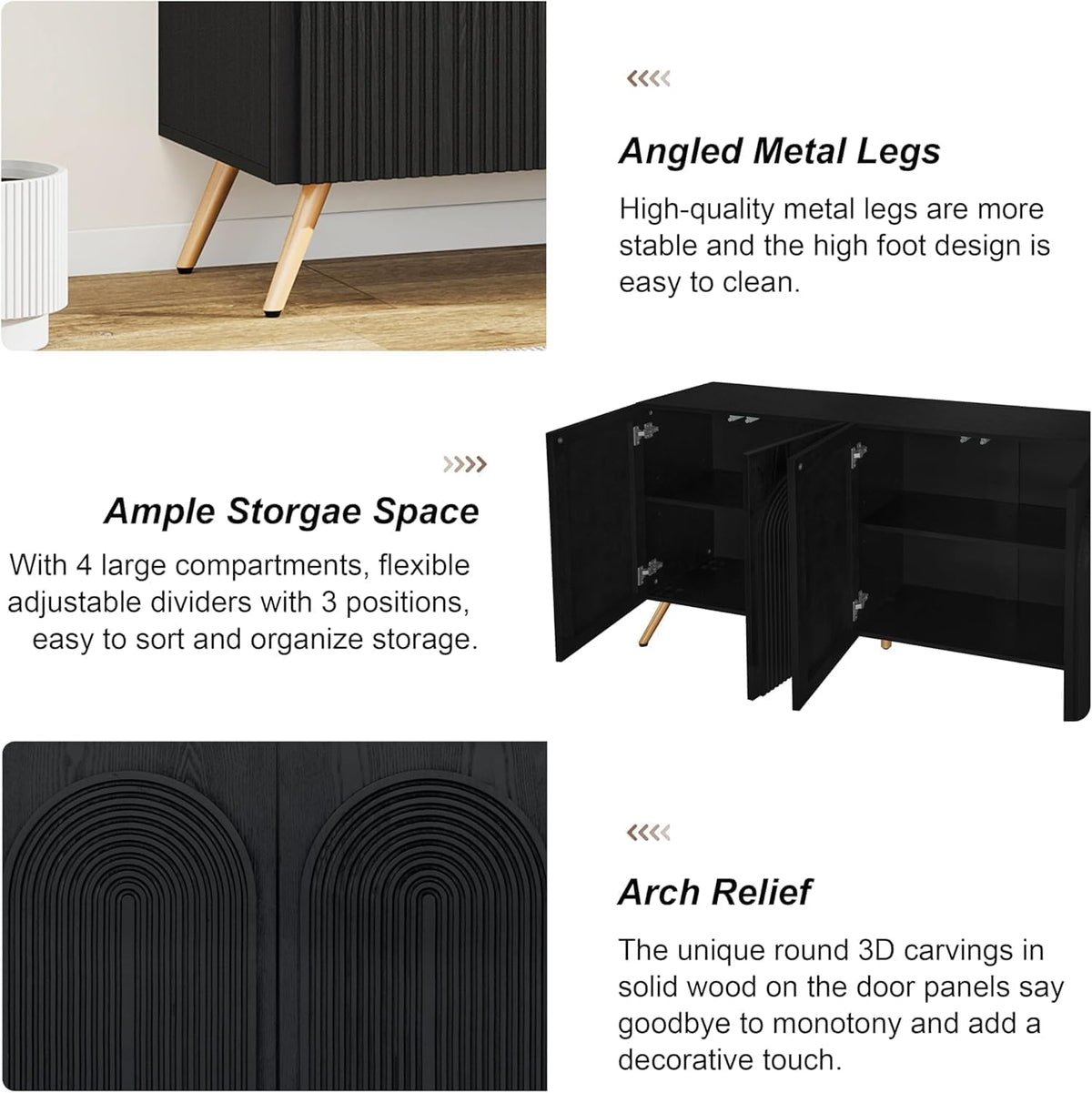 59" Black Arched Sideboard Buffet Cabinet with Adjustable Shelves, Modern Storage Cabinet with Arched 3D Carved Wood Doors, Credenza Accent Cabinet for Living Room, Dining Room, Entryway