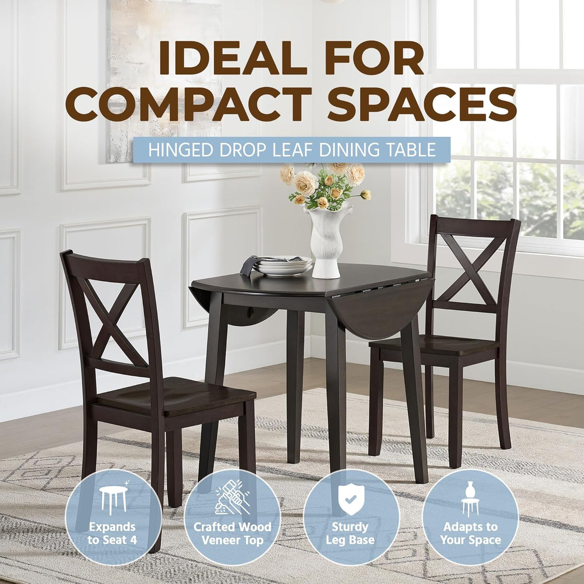 ROME + OAK Hinged Drop Leaf Dining Table, 22-36 Inch Round Tabletop with Sturdy Base, Dark Brown - Modern Solid Wooden Furniture Piece for Home